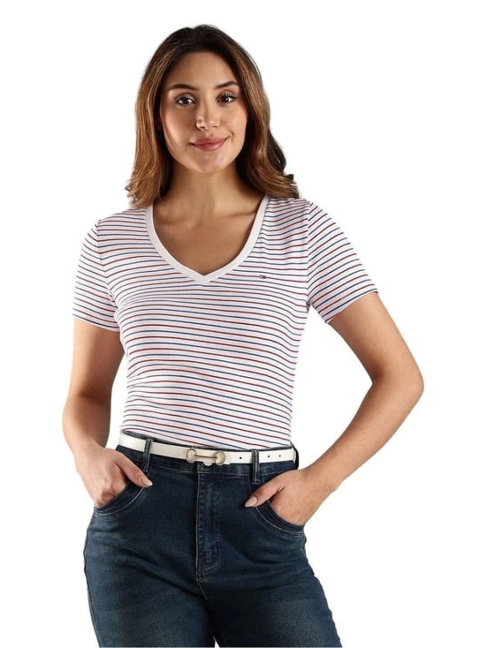 Tommy Hilfiger White V-Neck Tee with Navy & Red Stripes